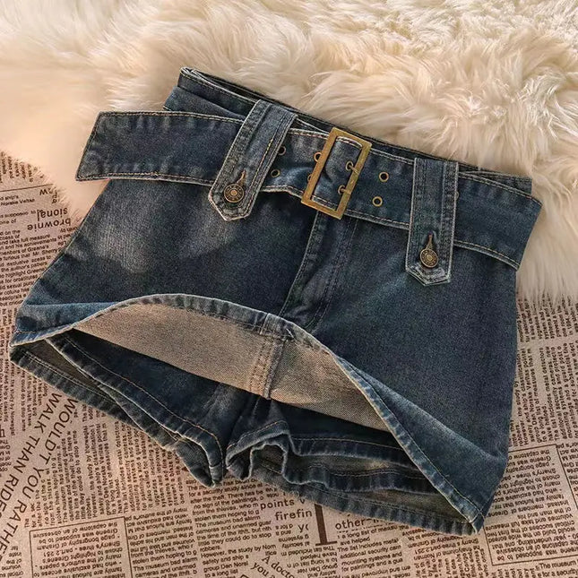 Vintage Button Belted Denim Mini Skirt