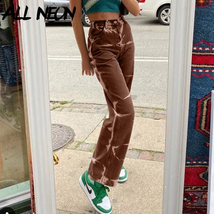 ALLNeon Vintage Tie Dye High Waist Jeans: Y2K Aesthetics Brown Denim Trousers