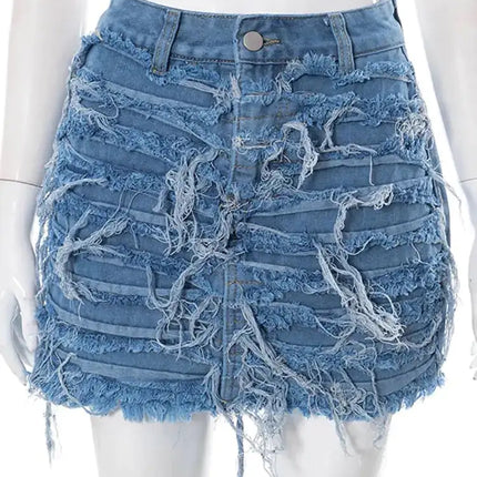 Distressed Out High Waist Denim Skirt