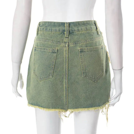 Distressed Out High Waist Denim Skirt