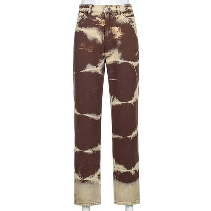 ALLNeon Vintage Tie Dye High Waist Jeans: Y2K Aesthetics Brown Denim Trousers