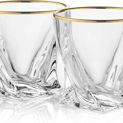 Gold-Rimmed Twisted Whiskey Glasses Set Of 4