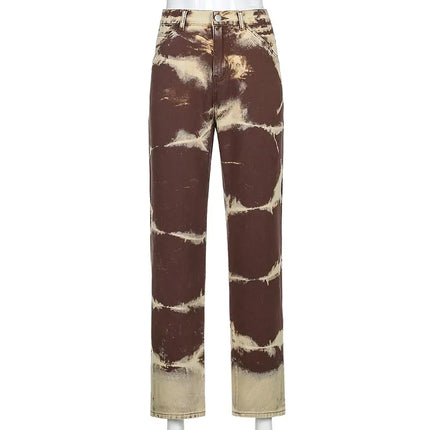 ALLNeon Vintage Tie Dye High Waist Jeans: Y2K Aesthetics Brown Denim Trousers