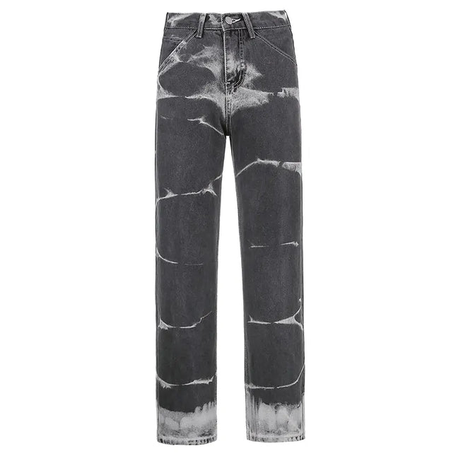 ALLNeon Vintage Tie Dye High Waist Jeans: Y2K Aesthetics Brown Denim Trousers